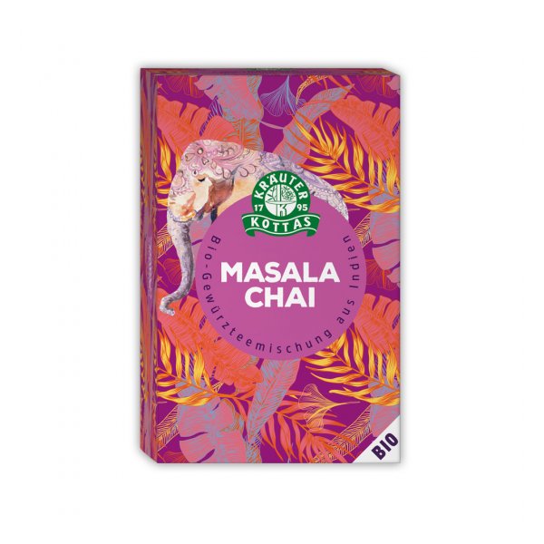Verpackung für Bio-Masala Chai, mit buntem Elefantenmotiv und Pflanzenmustern in violett und orange.