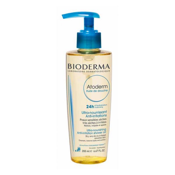 Transparente, flüssige Duscheölflasche von Bioderma mit blauer Pumpe und Etikett in mehreren Sprachen.