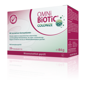 Verpackung von OMNi BiOTiC COLONIZE, einem Nahrungsergänzungsmittel mit pro- und präbiotischen Bakterien, in einem quadratischen Karton.