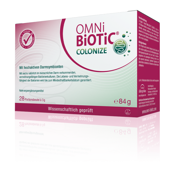 Verpackung von OMNi BiOTiC COLONIZE, einem Nahrungsergänzungsmittel mit pro- und präbiotischen Bakterien, in einem quadratischen Karton.