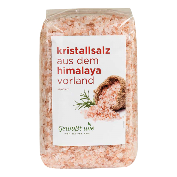 Verpackung mit Kristallsalz aus dem Himalaya-Vorland, unjodiert, mit abgebildetem Sack und Rosmarinzweigen.