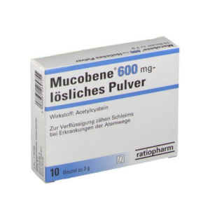 Packung Mucobene 600 mg lösliches Pulver, Wirkung: Acetylcystein, zur Schleimverflüssigung bei Atemwegserkrankungen.