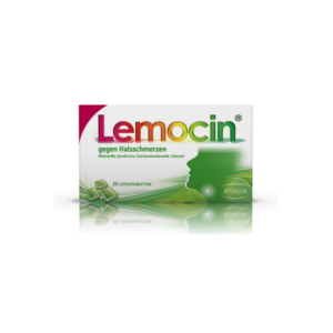 Packung von Lemocin gegen Halsschmerzen mit grüner und roter Gestaltung, enthält 20 Lutschtabletten.