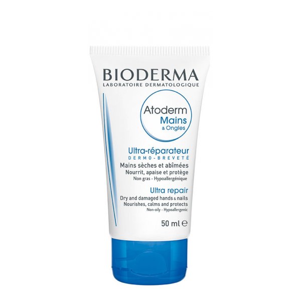 Tube mit Handcreme von Bioderma, geeignet für trockene und geschädigte Hände, 50 ml, mit blauer Kappe.