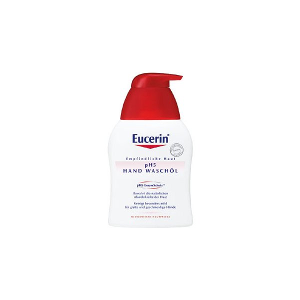 Flasche mit Eucerin pH5 Handwaschöl für empfindliche Haut, mit rotem Pumpverschluss und medizinischer Hautpflegeformel.