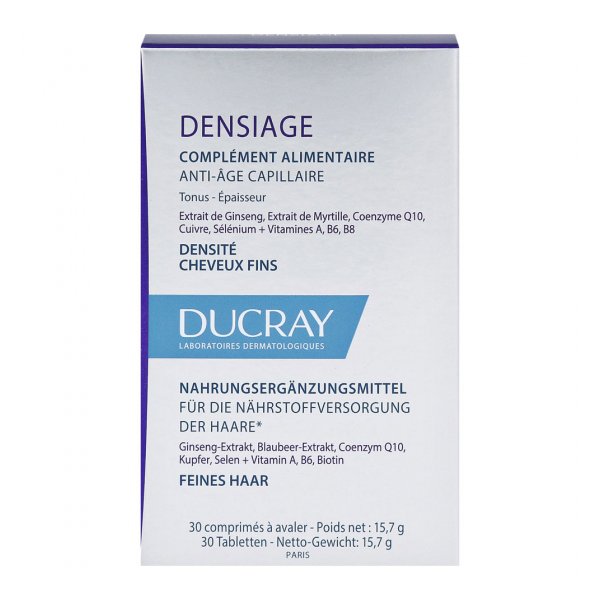 Verpackung des Nahrungsergänzungsmittels Densiaje von Ducray mit Informationen zu Inhaltsstoffen und Anwendung.