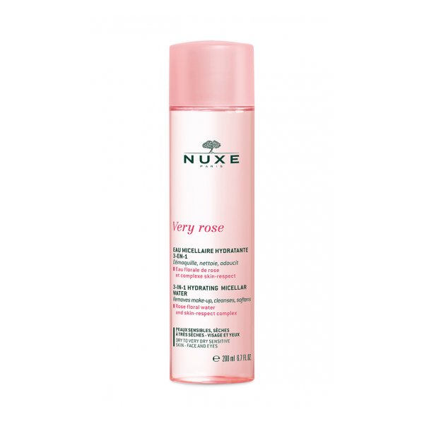 Flasche mit micellar Wasser von NUXE in rosa Verpackung, 200 ml, für Gesicht und Augen, sanft reinigend.