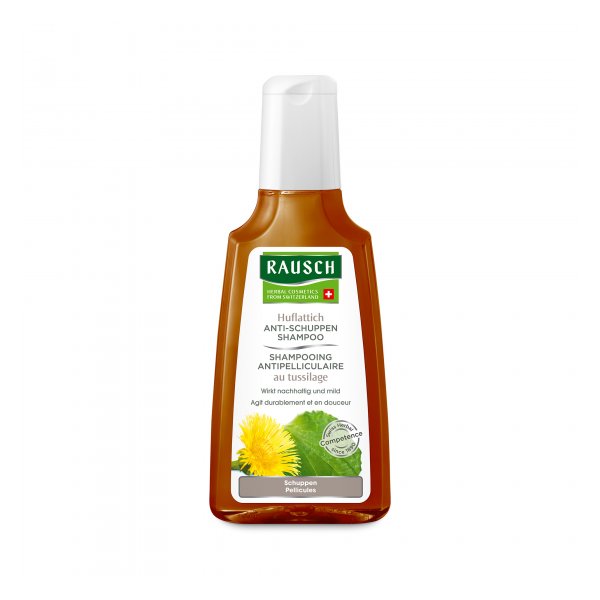 Flasche Rausch Huflattich Anti-Schuppen Shampoo mit Pumpverschluss, brauner Flüssigkeit, Herstellerlogo und Inhaltsinformationen.