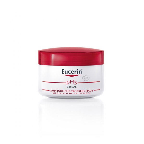 Eucerin pH5 Creme für empfindliche, trockene Haut in einem weißen Tiegel mit rotem Deckel.