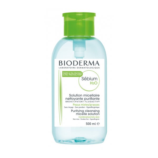 Flasche mit micellare Lösung von Bioderma für Misch- und fettige Haut, mit praktischer Pumpöffnung, 500 ml.