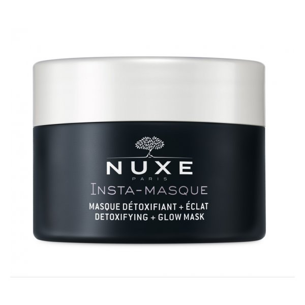 Schwarzer Tiegel mit Creme, beschriftet mit NUXE Insta-Masque, Detox- und Glow-Maske, Deckel in Weiß.