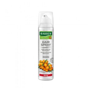 Haarspray-Flasche von Rausch mit silberner Verpackung und grünem Etikett, für starken Halt und Glanz.