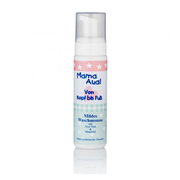 Pumpflasche mit mildem Waschmousse für Kinder, enthält Aloe Vera und Mandelöl, fröhliches Design mit Sternen.