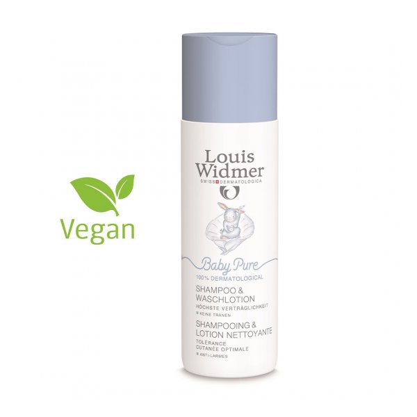 Flasche mit Shampoo und Lotion für Babys von Louis Widmer, vegan und dermatologisch getestet, freundliches Design.