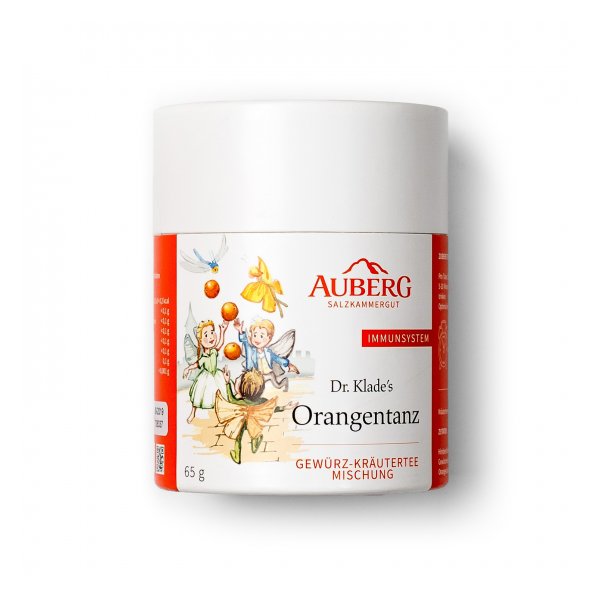 Runde Teedose mit orangefarbener Umverpackung, abgebildete Kinder und Schmetterlinge, Gewürz-Kräutermischung.