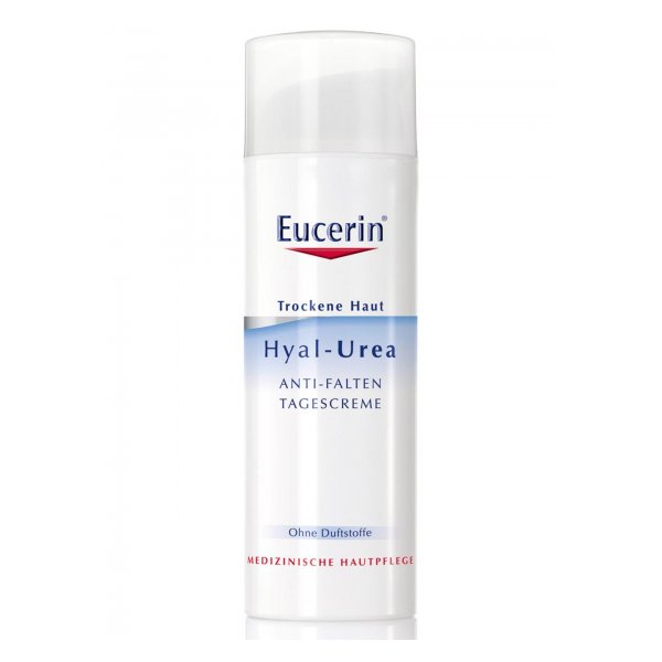 Eucerin Hyal-Urea Anti-Falten Tagescreme in einer weißen Kunststoffflasche mit Pumpe, für trockene Haut, ohne Duftstoffe.