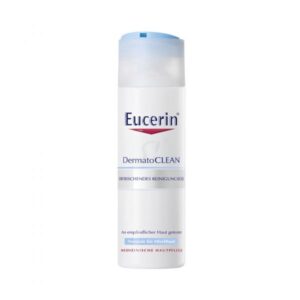 Flasche mit Eucerin DermatoCLEAN, einem erfrischenden Reinigungsgel für normale bis Mischhaut, mit einem blauen Deckel.