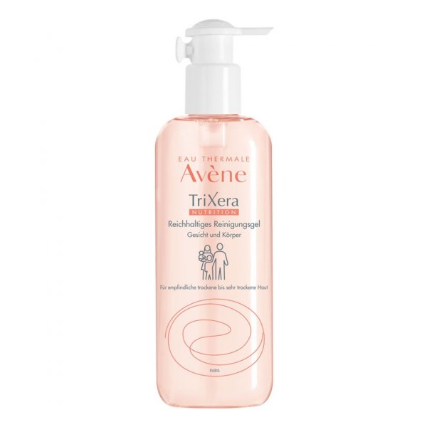 Reichhaltiges Reinigungsgel in einer transparenten Flasche mit Pumpspender, geeignet für Gesicht und Körper.