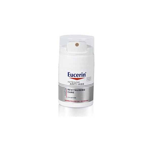 Eucerin Intensiv Anti-Age Pflege für Männer in weißem Pumpbehälter mit grauem Etikett.