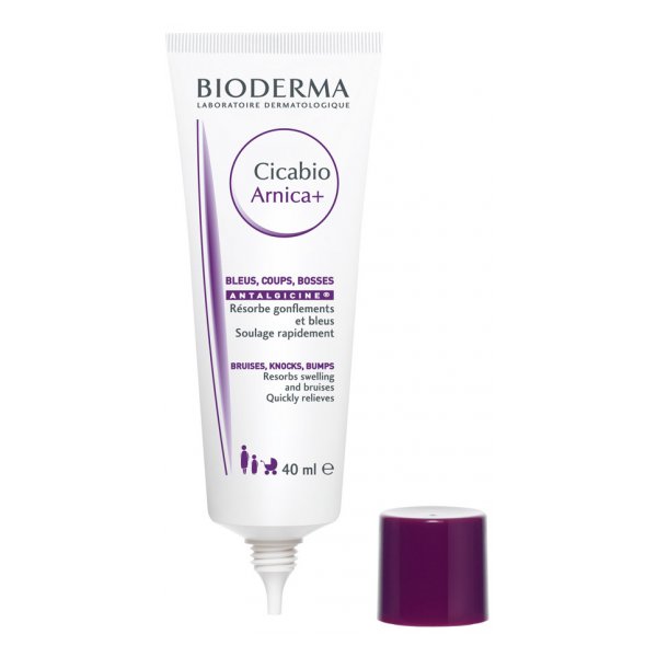 Tubenverpackung von Bioderma Cicabio Arnica+ mit lila Deckel, 40 ml Inhalt, zur Behandlung von Blutergüssen und Schwellungen.