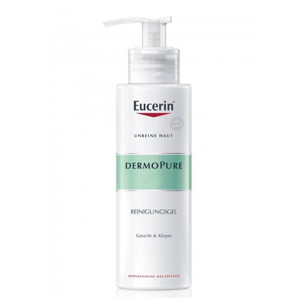Eucerin DermoPure Reinigungs gel in einer weißen Flasche mit Pumpe, für Gesicht und Körper.