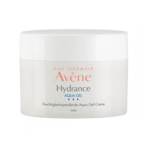 Runde, weiße Cremedose mit einem weißen Schraubdeckel, beschriftet mit 'Avene Hydrance Aqua-Gel' in bunten Buchstaben.