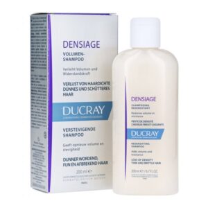 Flasche Densiage Volumenshampoo von Ducray, präsentiert mit Verpackung, 200 ml, für dünnes und schütteres Haar.