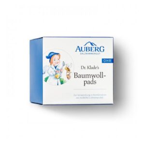 Verpackung von Dr. Klade's Baumwollpads mit kinderfreundlichem Design und Hinweis zur Verwendung mit AUBERG Ohrenwickeln.
