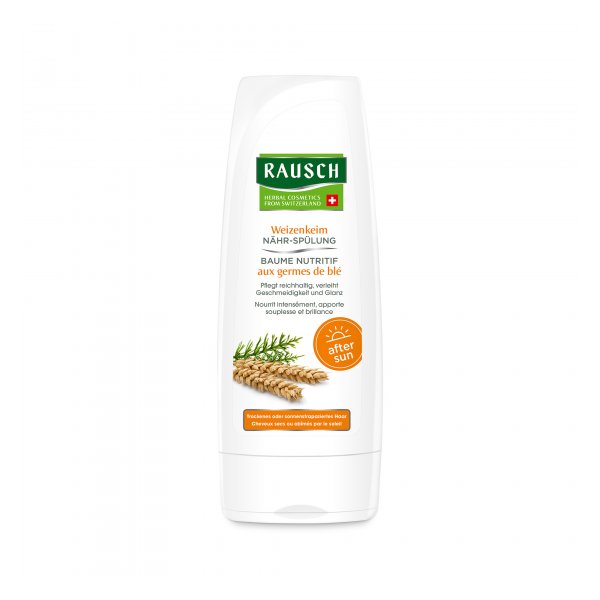 Flasche mit Weizenkeim Nähr-Spülung von Rausch, verpackt in weißem Kunststoff mit grüner und orangener Beschriftung.