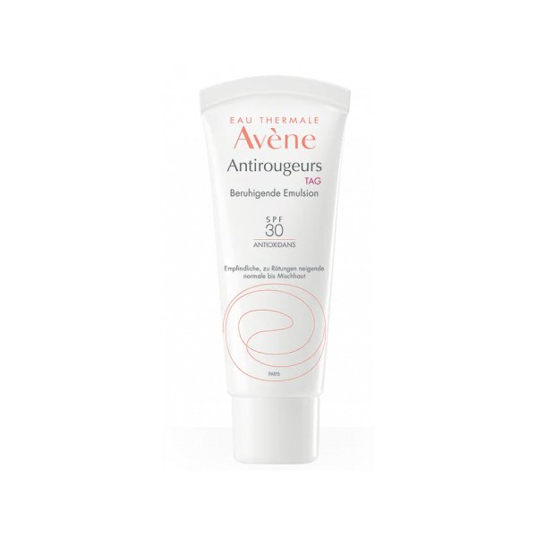Tube mit beruhigender Emulsion von Avène für empfindliche Haut, enthält SPF 30 und Antioxidantien.