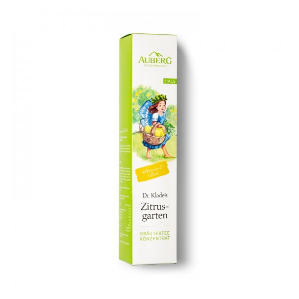 Verpackung für Dr. Klade's Zitrogarten Kräutertee-Konzentrat mit farbenfrohem, illustrativem Design.