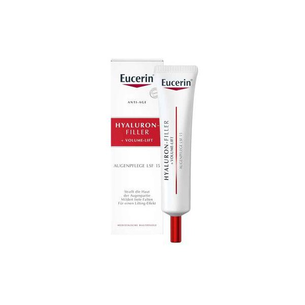 Eucerin Hyaluron-Filler Augenpflege in einer weißen Tube mit rotem Aufdruck, verpackt in einer weißen Box.
