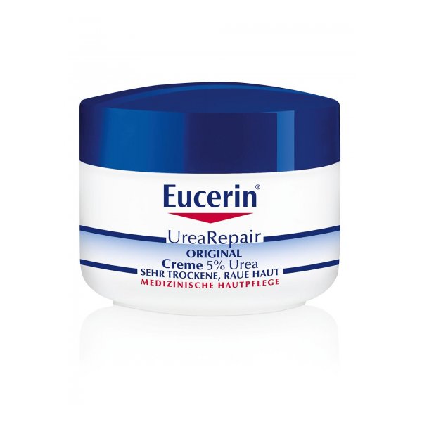 Eucerin UreaRepair Creme in einem runden Behälter mit blauer Kappe, speziell für sehr trockene Haut.