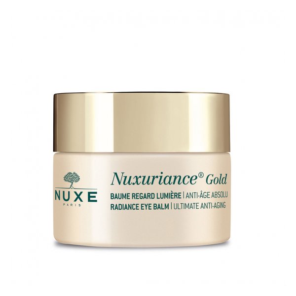 Goldfarbener Deckel auf einem hellen Tiegel mit der Aufschrift "Nuxuriance Gold Radiance Eye Balm".