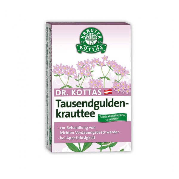 Verpackung von Dr. Kottas Tausendguldenkrauttee mit blühenden Pflanzenmotiven und Anwendungshinweisen für Verdauungsbeschwerden.