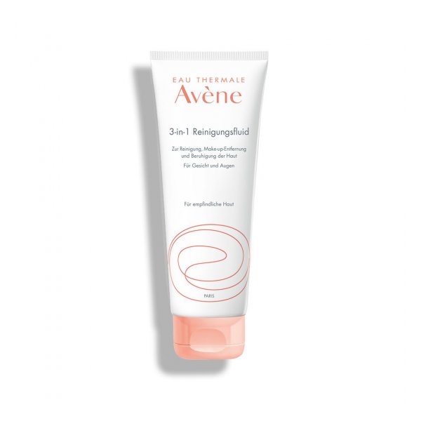Eine Tube mit 3-in-1 Reinigungsfluid für empfindliche Haut von Avène, mit weißem und rosafarbenem Design.