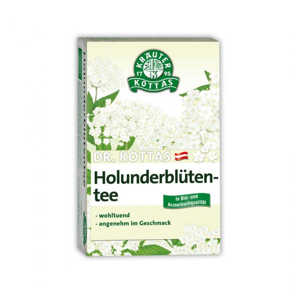 Paket mit Holunderblütentee von Dr. Kottas, verdeutlicht durch florale Muster und Angaben zur Qualität und Geschmack.