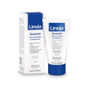 Linola Gesichtscreme in einer Tube und Verpackung, empfohlen für trockene Haut und Neurodermitis.