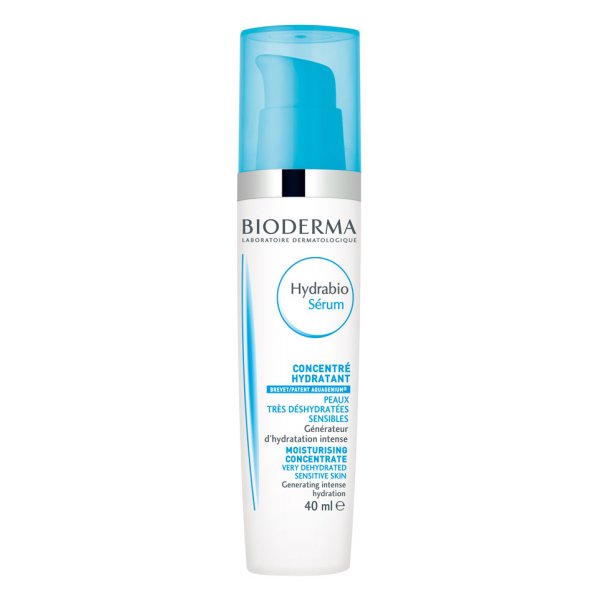 Bioderma Hydrabio Serum in weißer Flasche mit blauer Pumpe, für intensive Feuchtigkeit, 40 ml.