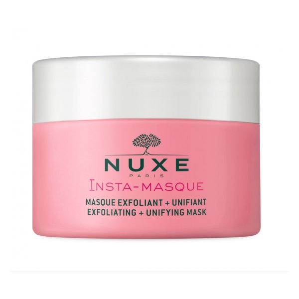 Rosa Gesichtsmaske im Tiegel mit weißem Deckel, Marke NUXE, mittlere Größe, beschriftet mit Insta-Masque.