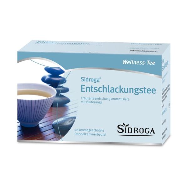 Verpackung des Sidroga Entschlackungstees, Kräuterteemischung mit Blutorange, für Wellness, im eleganten Design.