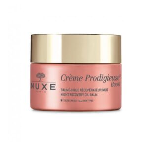 Rosa Pflegecreme in einem runden Glasbehälter mit goldenen Deckel, beschriftet mit "Crème Prodigieuse Boost".