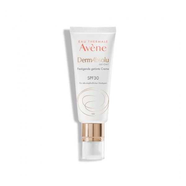 Tubenverpackung einer getönten Creme von Avène mit SPF 30, für empfindliche Hauttypen geeignet.