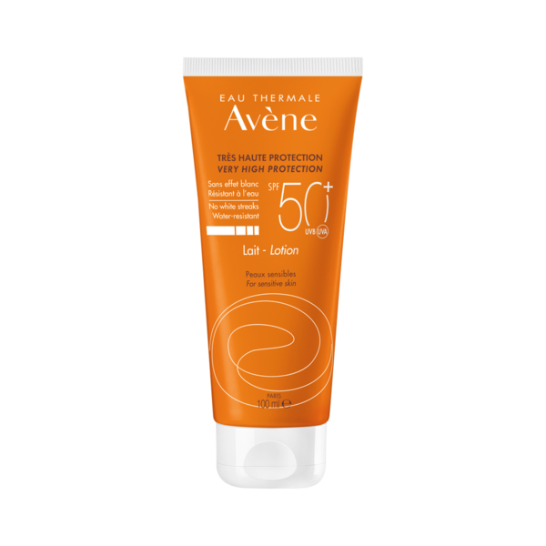 Sonnenschutzlotion in orangefarbener Tube mit hohem Lichtschutzfaktor für empfindliche Haut, wasserfest.