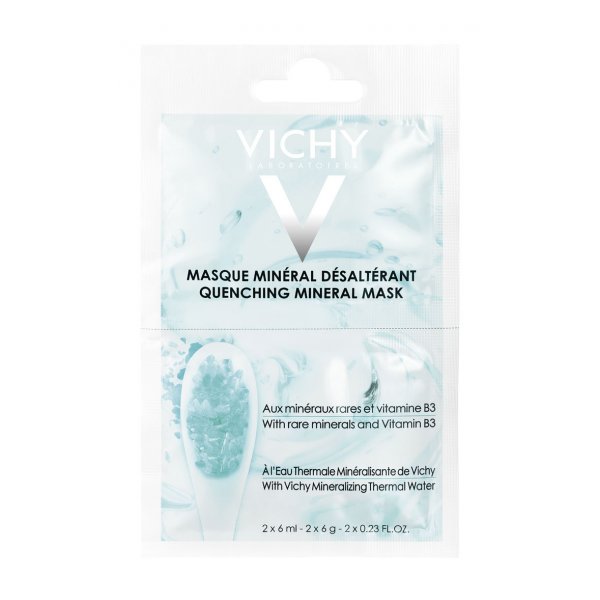 Verpackung einer mineralhaltigen Gesichtsmaske von Vichy mit blauer und weißer Gestaltung und Hinweisen auf Inhaltsstoffe.