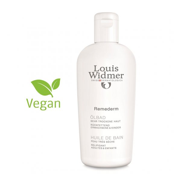 Weiße Flasche mit Pflegeöl für sehr trockene Haut, gekennzeichnet als vegan und für Erwachsene sowie Kinder geeignet.