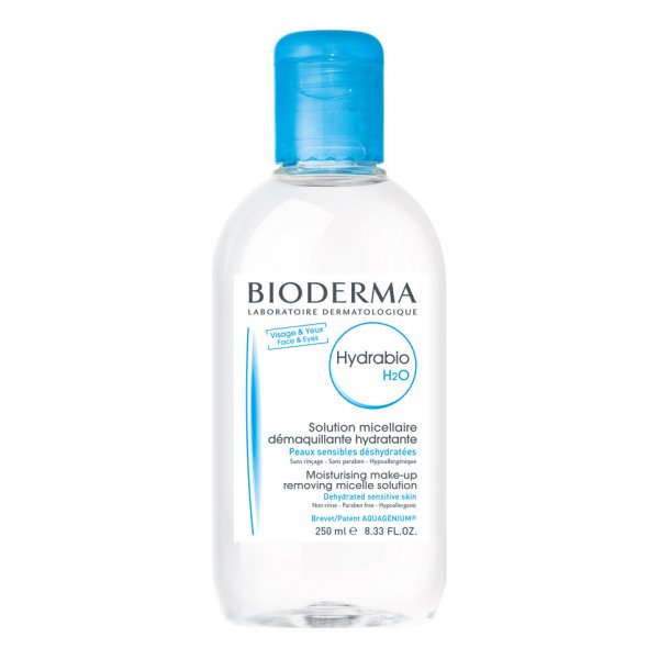 Flasche mit Bioderma Hydrabio H2O, einer befeuchtenden Mizellenlösung für empfindliche Haut, 250 ml.
