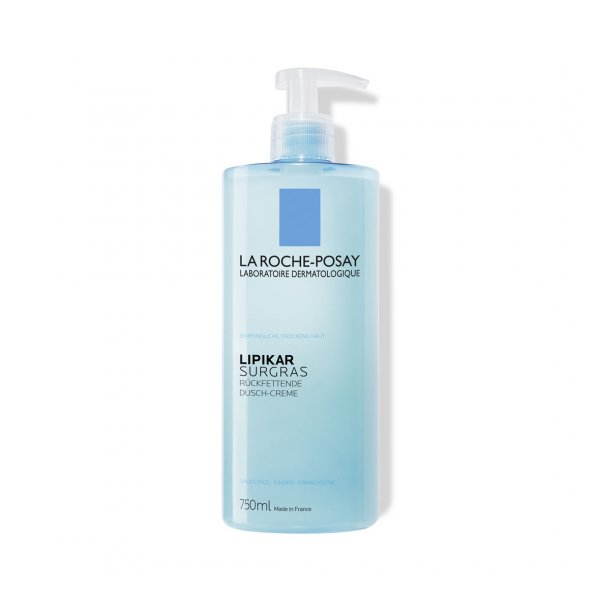 Transparente Flasche mit Pumpspender von La Roche-Posay, enthält rückfettende Dusch-Creme für empfindliche Haut.