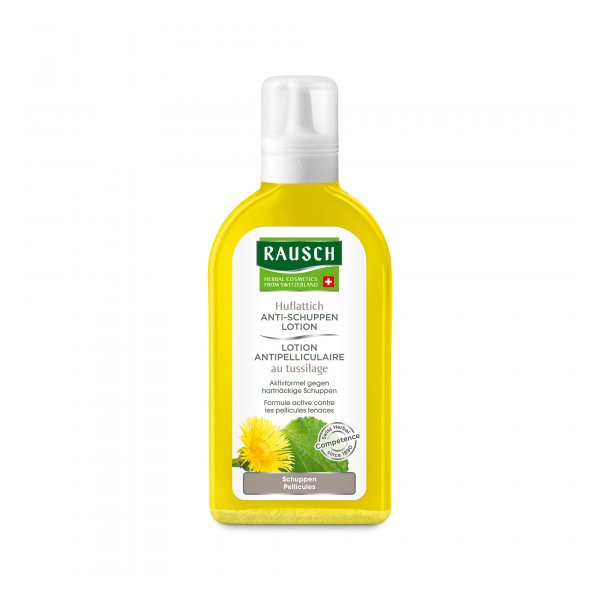 Flasche mit Rausch Huflattich Anti-Schuppen Lotion, gelbe Verpackung, mit floralem Motiv und Produktinformationen.
