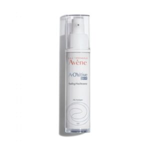 Flasche mit Avene A-Oxitive Nacht Peeling-Nachtcreme, mit Pumpmechanismus, auf weißem Hintergrund.